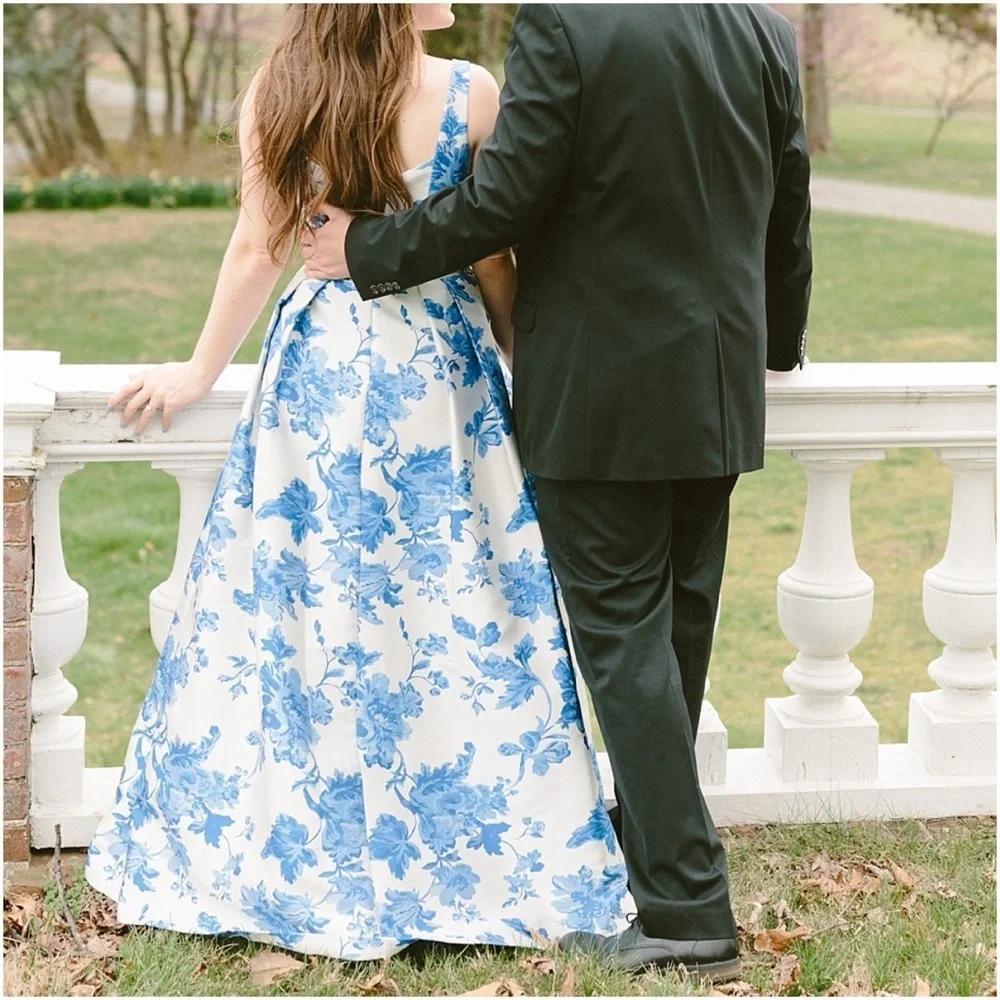 NWT Eliza J Jacquard Creamy White and Blue Floral Pleated Gown, Size 2 - Picture 3 of 16